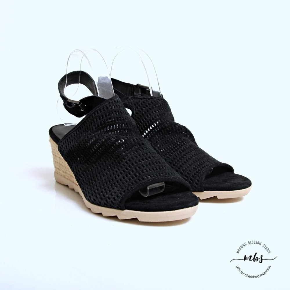 Eileen Fisher Aura Suede Slingback Espadrille Wedges Black Women 9